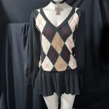 헤이세이 갸루 Y2K 그런지 아가일 무늬 니트 원피스