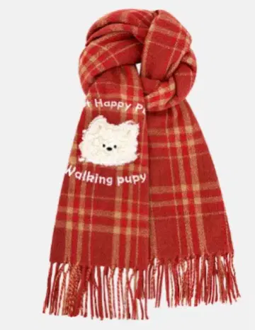 빨간색 체크 머플러 강아지 자수 귀여운 디자인