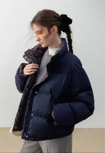 EGGKA 아우터 네이비 다운 자켓 체크 안감