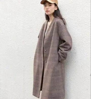 니코앤드 글렌체크 노카라 코트 아우터 체크 브라운