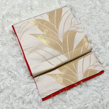 후쿠로 오비 변형 백합 문양 백합 잎 문양 크림색 골드 자수