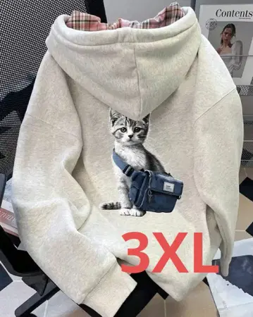 빅 사이즈 고양이 프린트 후드 부착 풀 집업 맨투맨 속기모 후드티