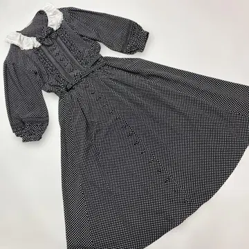 핑크하우스 블랙 도트 무늬 카라 프릴 핀턱 폴리 원피스