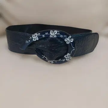 네이비 에나멜 새시 벨트 꽃 무늬 변형 버클