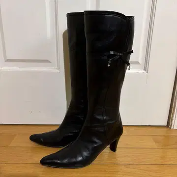 가죽 스틸레토 롱 부츠 리본