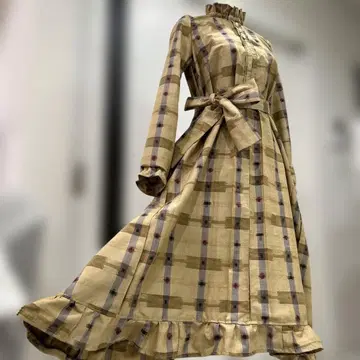 기모노 리메이크 앤틱 베이지 계열 체크 무늬 롱 드레스