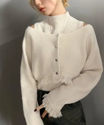 [ mily bilet ] 하이넥 2way 프린지 오프숄더 니트 가디건