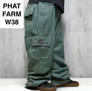 팻팜 배기 데님 카고 팬츠 스트릿 w38 b계 자수 컬러 청바지