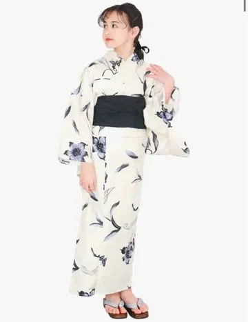 아이보리 꽃무늬 유카타 오비 세트