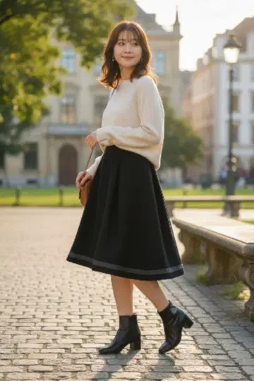 블랙 울 혼방 플레어 스커트