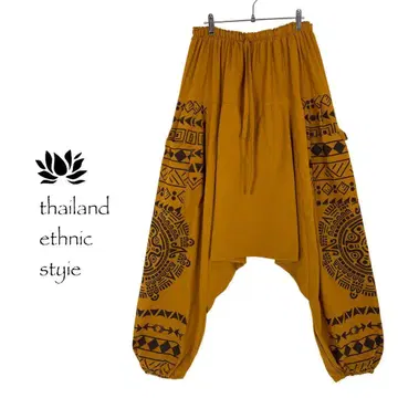 [ 새상품 ] 태국 팬츠 사루엘 팬츠 사이드 프린트 머스타드 M25/64