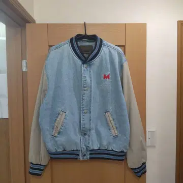 90s 봄버형 데님 바시티 자켓 라이트 블루 x 베이지