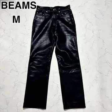 새상품급 BEAMS 가죽 팬츠 소가죽 스트레이트 롱 레그 효과 블랙 M