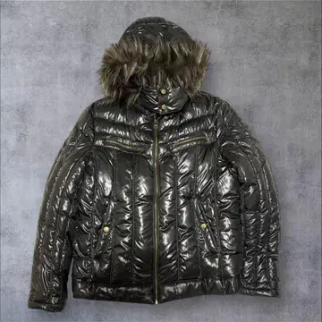 00s Y2K 초광택 퍼 포함 시크 스타일 다운 자켓 골드 버튼 충전솜