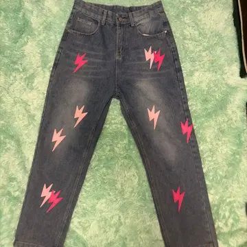 번개 무늬 하이웨스트 데님 팬츠