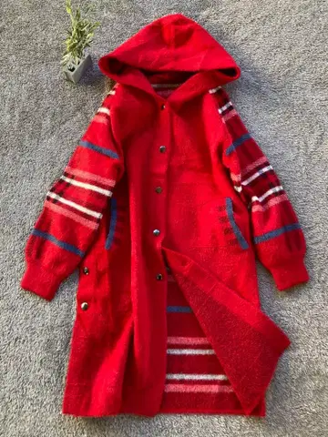 Tanppoppo 후드 부착 롱 코트 체크 레드