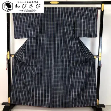 명주 기모노 격자 무늬 네이비 컬러 가드 가공 K-5230