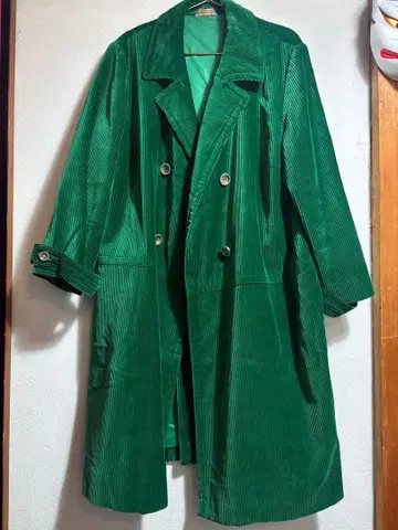 그린 컬러 코듀로이 더블 브레스트 롱 코트 레트로 구제 의류