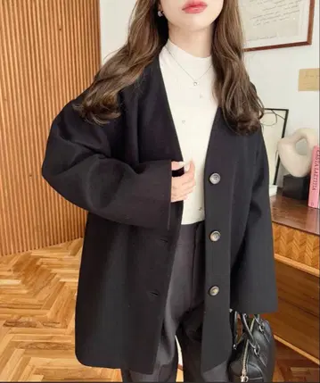 니트 멜톤 노카라 미들 코트