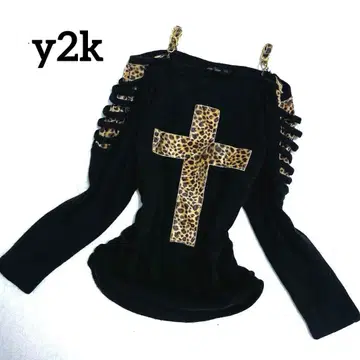 y2k 레오파드 무늬 십자가 오프숄더 긴팔 상의 히메 갸루 체인