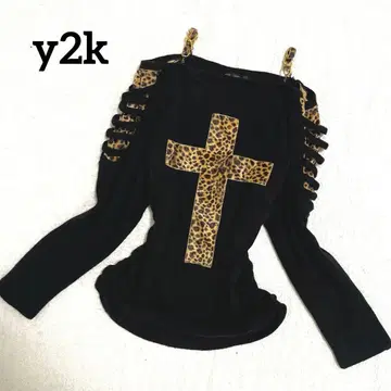 y2k 레오파드 무늬 십자가 오프숄더 긴팔 상의 히메 갸루 체인