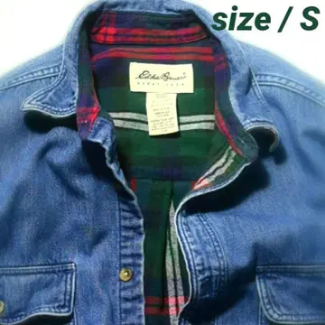 체크 안감 면 데님 긴팔 셔츠 S