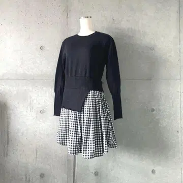 택 포함 새상품 깅엄 체크 레이어드 스타일 니트 풀오버 블랙 튜닉