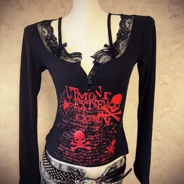 헤이세이 갸루 Y2K 스컬 프린트 레이스 긴팔 T셔츠 그런지 히메 스타일