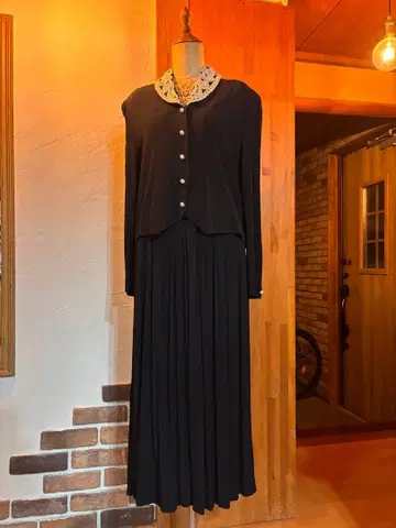 레이스 카라 블랙 롱 원피스 클래식 빈티지