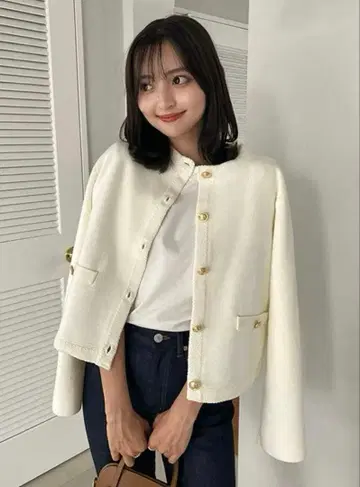 anuans 오리지널 버튼 노카라 니트 자켓 화이트