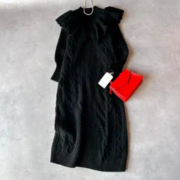미사용 택 포함 셀프라이드 케이블 프릴 니트 롱 원피스 블랙