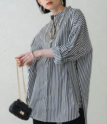 라운지 드레스 밴드 카라 스트라이프 셔츠 긴팔 블라우스