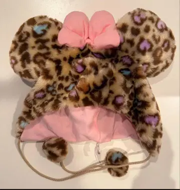 레오파드 무늬 핑크 리본 모자