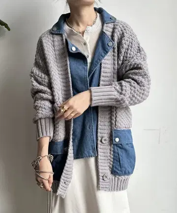 DouDou [WEB 한정판] 데님 옷깃 니트 자켓