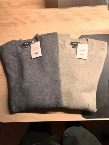 2장 세트 미사용 UNIQLO 캐시미어 크루넥 스웨터 그레이&그린