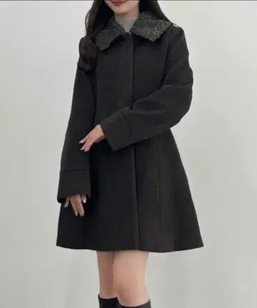 다크 그레이 퍼 옷깃 A라인 롱 코트