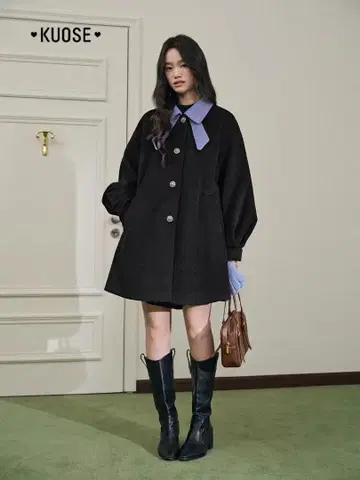 쿠오세 보우 컬러 코트 리본 컬러 코트 배색 바이컬러 스카이블루 블랙