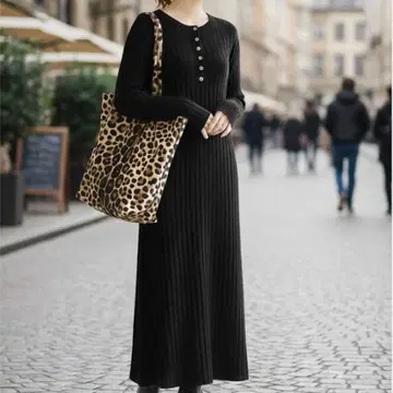 24AW Spick and Span 헨리넥 리브 니트 원피스 블랙