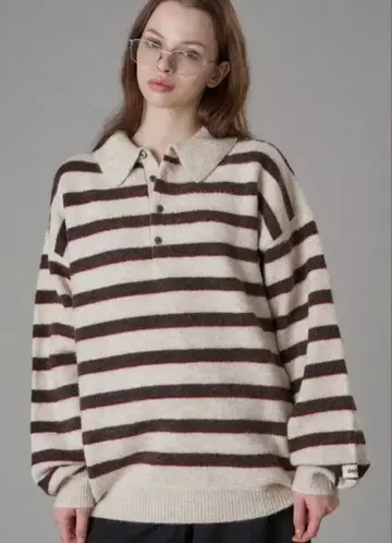 ONCILY 긴팔 피케 셔츠 아이보리/브라운 스트라이프 새상품