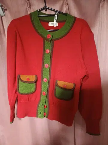 일품 APIA 쇼와 레트로 빨간색 그린 포켓 부착 가디건 일본제