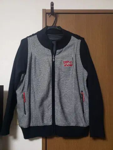 바시티 자켓풍 하운드투스 체크 패턴 니트 블루종 골프 사이즈 3L