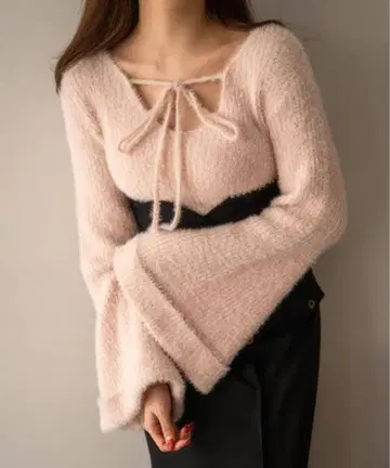 미디얼 플레어 슬리브 리본 니트 핑크