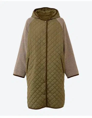 올리브 그린 퀼팅 자켓 후드 부착