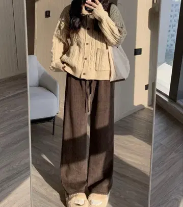 헤링본 무늬 코듀로이 와이드 이지 팬츠