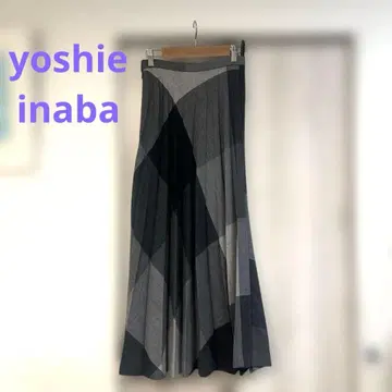 요시에 이나바 플리츠 롱 스커트 메가 체크 울 100% 그레이 계열