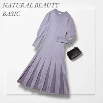 내추럴 뷰티 리브 니트 원피스(M) 보라색 벌룬 슬리브 성인 여성