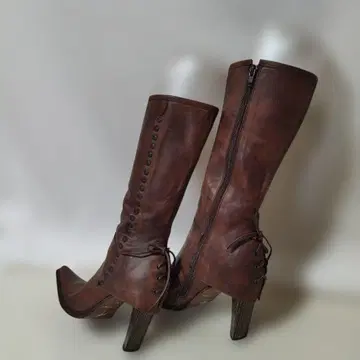 레이스업 레이스업 가죽 롱 부츠 브라운