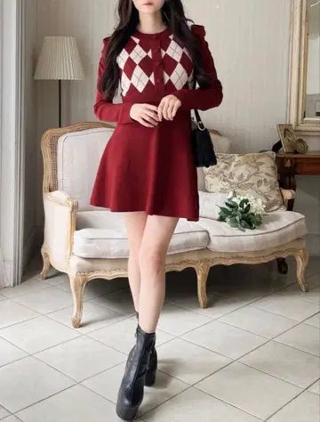 아가일 니트 원피스 버건디