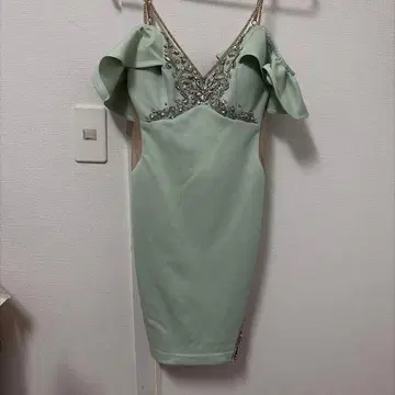 민트 그린 비즈 자수 바디 콘 드레스