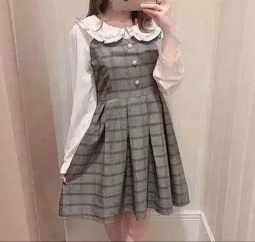 체크 무늬 프릴 옷깃 미니 원피스